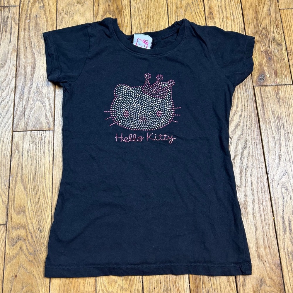 Vintage 2009 Hello Kitty Rhinestone Crown Graphic Tee Black Cotton Girls Size 12